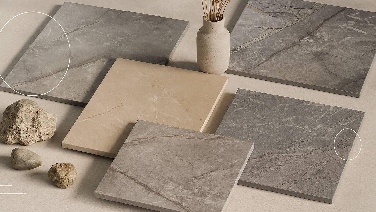 Ulike steinfliser i nøytrale toner vises sammen med dekorative steiner og vase med strå.