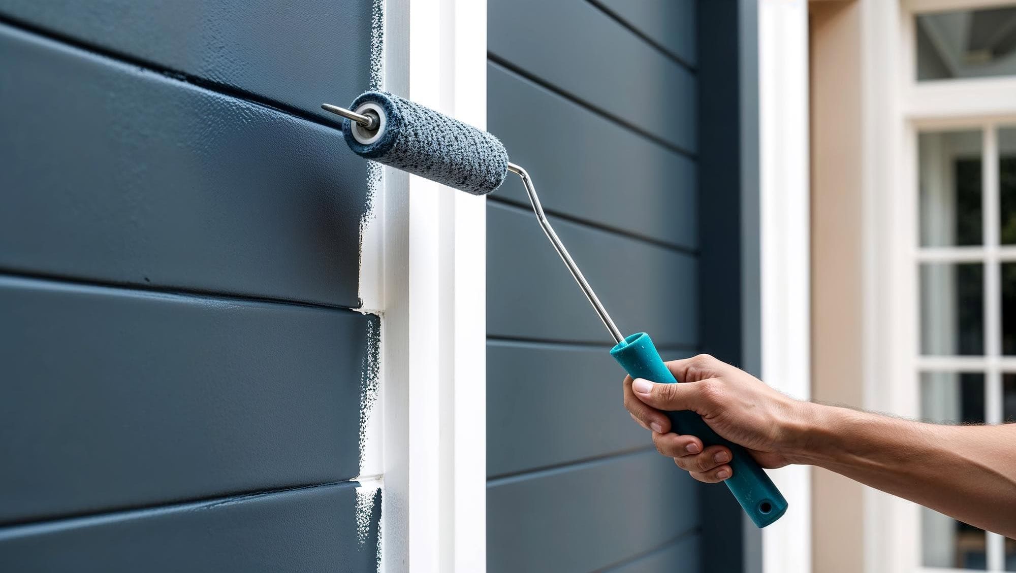 Nærbilde av hånd som bruker malerull for å påføre blå utendørsmaling på husets panel