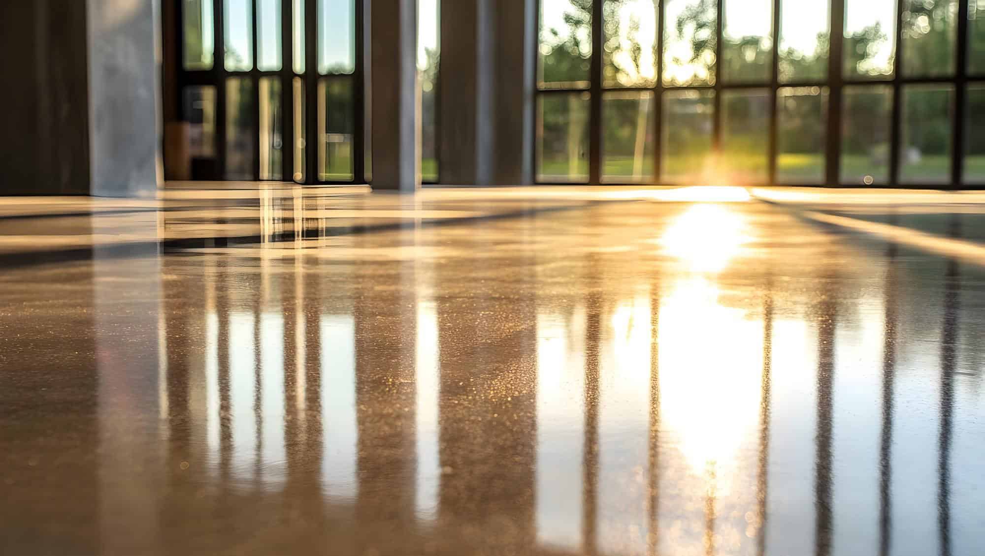 Sollys skinner inn gjennom store vinduer og reflekteres i et nybehandlet betonggulv.